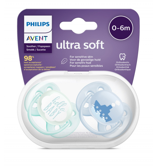 2 Sucette ultra soft 0-6 bleu avent