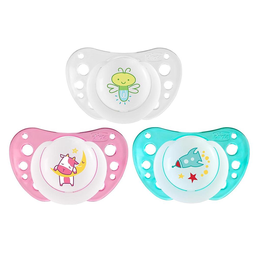 SUCETTE CHICCO SILICONE 16-36M PHYSIO AIR NIGHT LUMI  2PCS