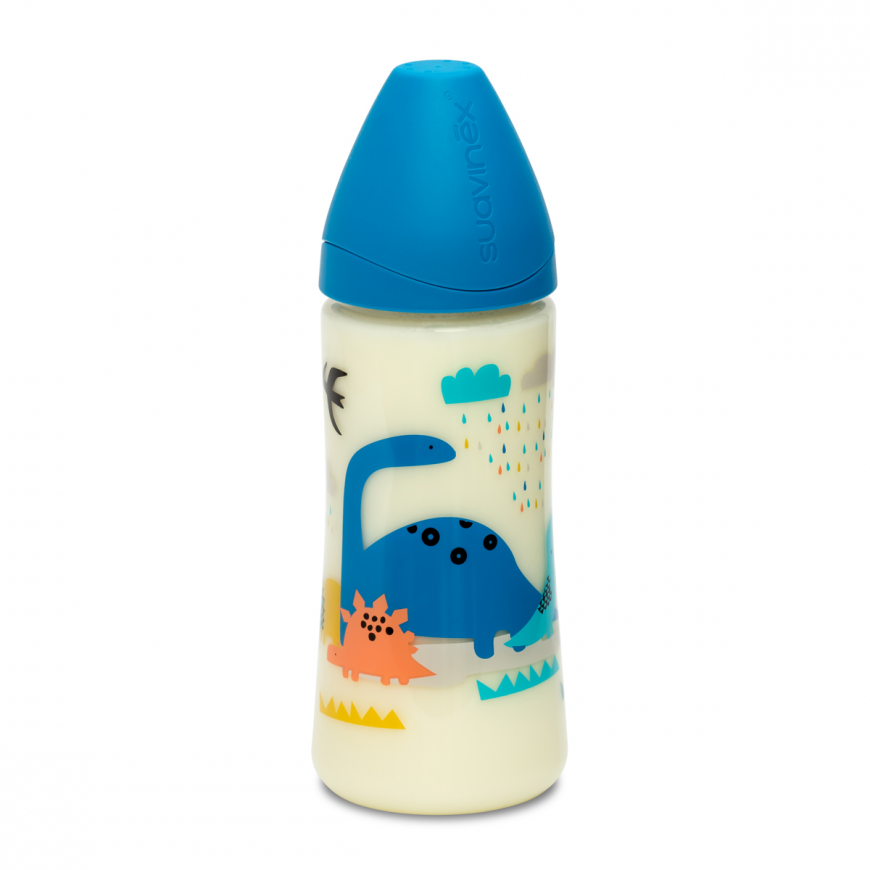 BIBERON 360ML +4M EN SILICONE TET ALIMENTAIRE DINO BLEU 